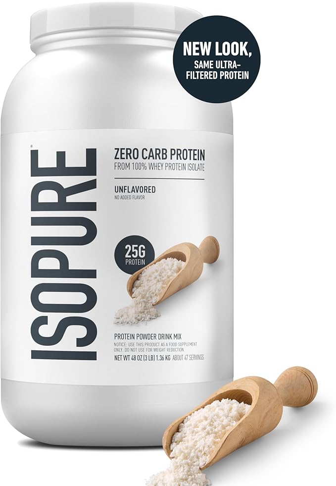 Isopure Zero Carb 100% Pure Whey Isolate Protein Powder, Lactose Free, Gluten Free, With Vitamins, Unflavored, 25g Protein Per Serving, 3 Lbs, 47 Servings (Packaging May Vary)