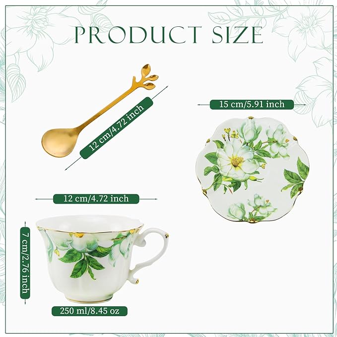 TATSUMI Country Roses Bone China Tea Cup and Saucer Set, 6 Pieces, Vintage Style, For Women and Tea Parties（Green，2 sets）