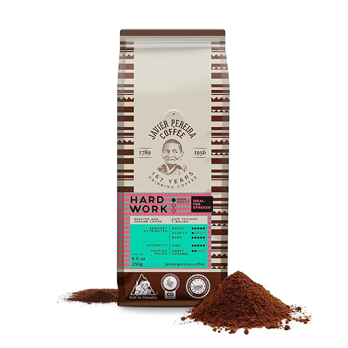 Javier Pereira Coffee - Hard Work Colombian Specialty Coffee – Dark Roast – 100% Arabica – Espresso Specialty – Intense flavor with caramel notes – Ground - 8.8 Oz