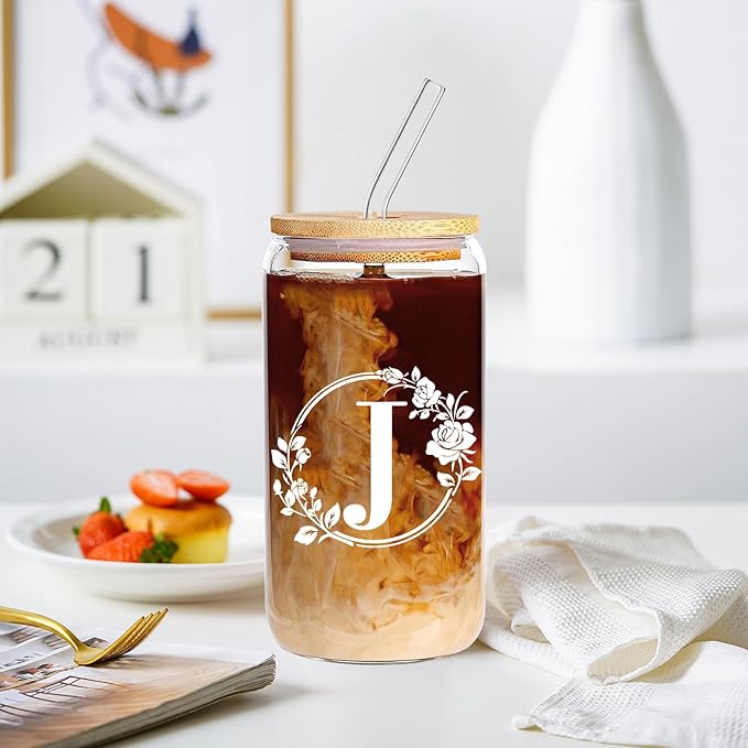 Birthday Gifts for Women, Monogrammed Initial Glass Cup Personalized Gifts for Women, 16oz Glass Cups with Lids and Straws, Iced Coffee Cup, Beer Can Shaped Glass - Gifts for Christmas, Birthday, J