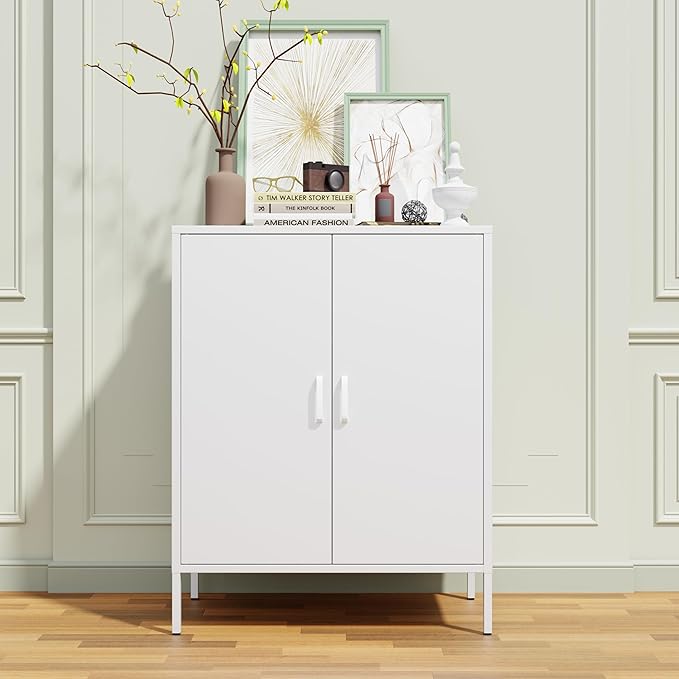 White Metal Storage Cabinet,Metal Locker Storage Cabinet with 2 Doors and Shelves,Kitchen Pantry Cabinet,Modern Storage Freestanding Organizer Rust for Home,Kitchen,Office