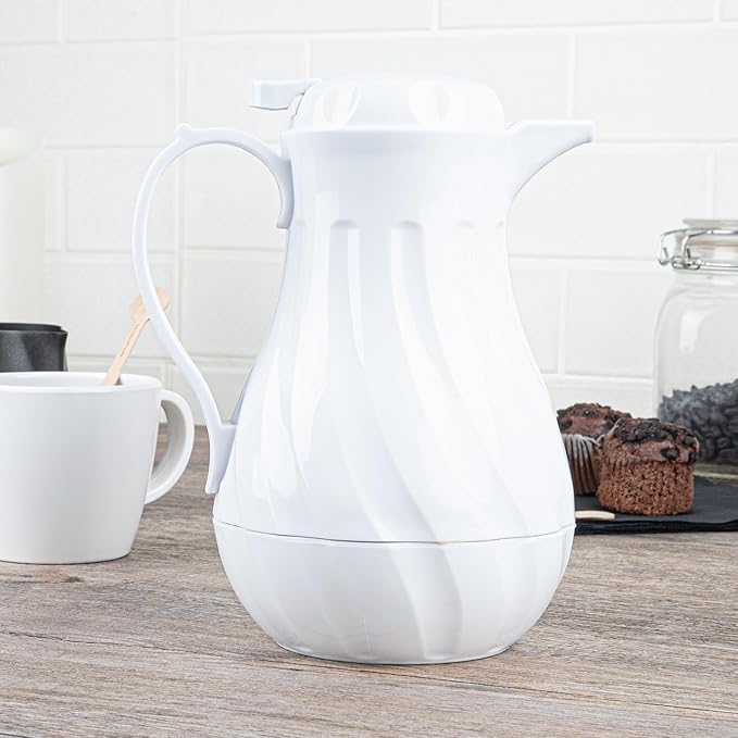 Restaurantware-Restpresso 20 Ounce Coffee Carafe, 1 Insulated Coffee Server - Push-Button Top, Swirl Design, White Plastic Pitcher, Built-In Handle, With Identification Tags