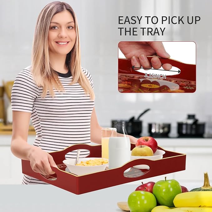 Boho Sturdy Acrylic Serving Tray with Handles,Rectangular Tray for Coffee Table,Food,Breakfast-Kitchen Countertop Tray,Ottoman Tray for Living Room,Plastic Decorative Tray (ART6, 30x40)