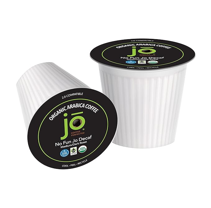 NO FUN JO DECAF: 24 Cups, Organic Medium Dark Roast Swiss Water Process for Keurig K-Cup Compatible Brewers, Fresh Seal Single Serve Cups, Fair Trade Certified Kosher Non-GMO Gluten Free by Jo Coffee®