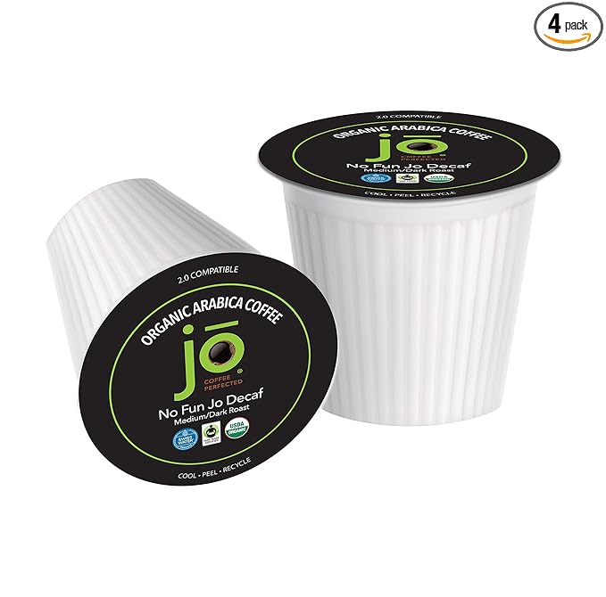 NO FUN JO DECAF: 4 Cups Sampler, Organic Medium Dark Roast Swiss Water Process Coffee for Keurig K-Cup Compatible Brewers, Fresh Seal Single Serve Cups, Fair Trade Certified, Non-GMO, Gluten Free