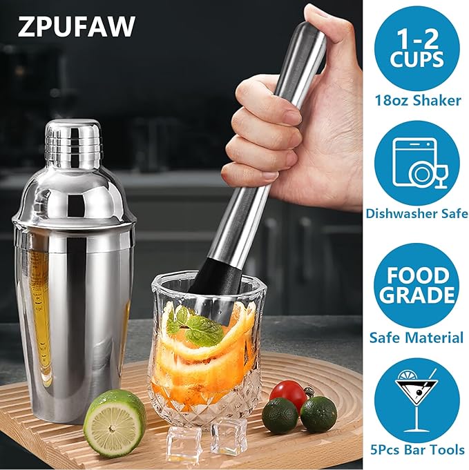 5-Piece Cocktail Shaker Set Shaker Strainer Jigger T-Mixing Spoon Muddler Bartender Kit Stainless Steel Bar Set Housewarming Gift