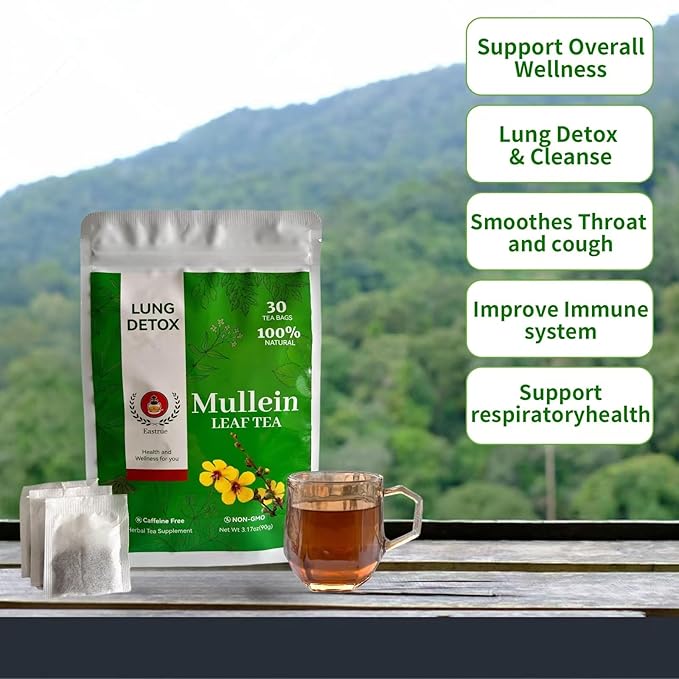 Orangic Mullein Detox Tea for Lungs,Smoker,Respiratory Support-Pure Mullein Leaf Herbal Tea for Lung Cleanse,18 Premium Herbs Blend,Breath Easy Tea,Caffeine Free,100% Natural,30 Tea Bags