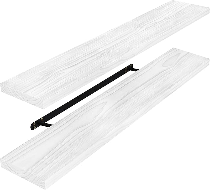 Sorbus 35" White Wood Floating Shelves - Set of 2, Solid Pine, Wall Mounted, Rustic Style, Bathroom & Living Room Decor