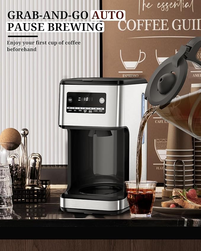 Kismile Coffee Maker, 14-Cup Programmable Drip Coffee Makers Machines with Timer, Reusable Filter & Keep Hot Plate, Auto Pause, Self-Cleaning, Stainless Steel