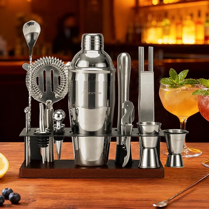23-Piece Bartender Kit, Cocktail Shaker Set with Stand | Bar Drink Mixer Set with All Essential Bar Tools: Martini Shaker, Jigger, Strainer, Muddler, Pourers, for Home, Bar, Party (Black)