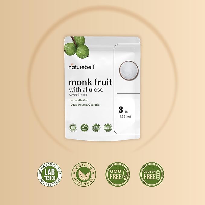 Monk Fruit & Allulose Sweetener with No Erythritol, 3 Pounds | 0 Aftertaste, 0 Calories, 0 Net Carbs – 1:1 Sugar Substitute – Perfect Sweet Balance for Baking, Cooking, Beverages – Keto, Vegan