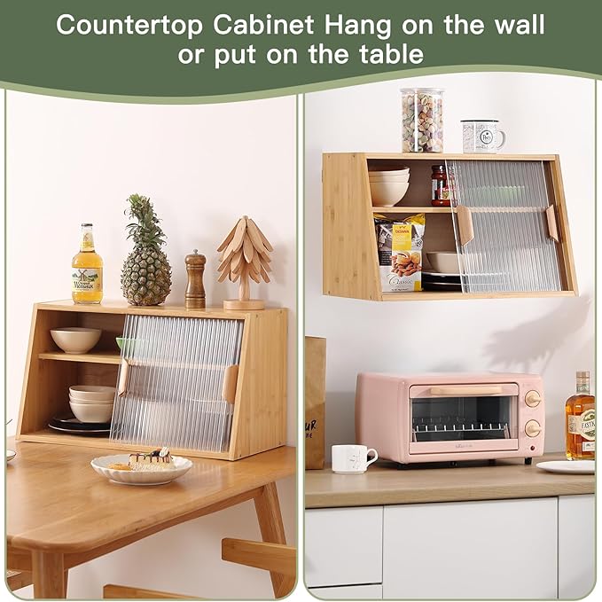 Wooden Countertop Storage, Small Bamboo Kitchen Pantry Sideboard with 2 Glass Sliding Door, Pantry Storage Cabinet for Kitchen, Living Room, Dinning Area and Bathroom, Wood