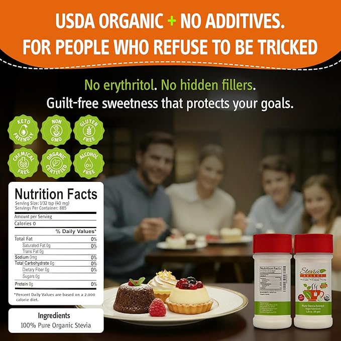 Stevia Select Organic Stevia Powder 1.25oz - Sugar Free Plant Based Pure Stevia Sweetener Stevia Extract Keto Sugar Substitute No Additives Zero Calorie