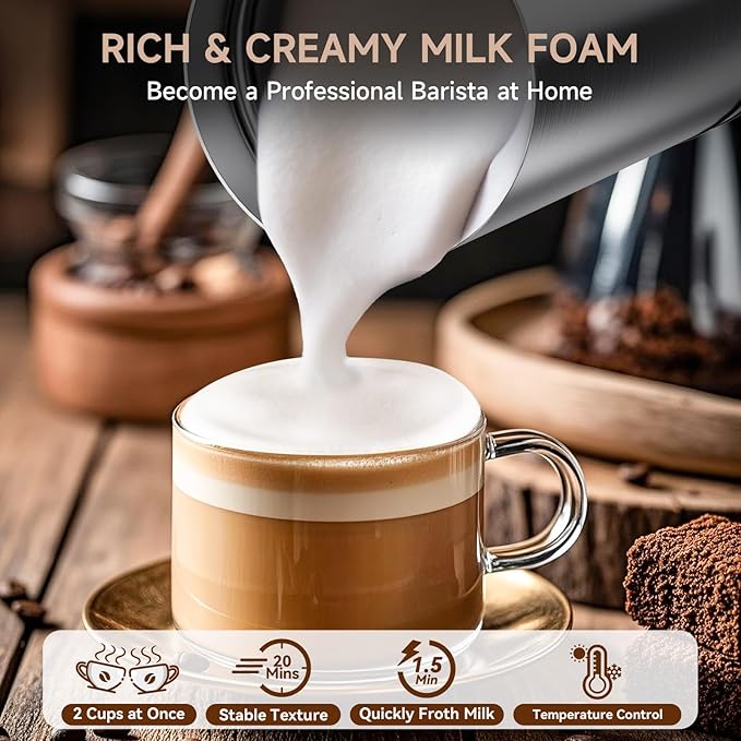 4-in-1 Electric Milk Frother for Coffee, Automatic Warm and Cold Foam Frother, One-Touch Milk Steamer and Frother for Latte Cappuccinos Hot Chocolate, Easy to Clean
