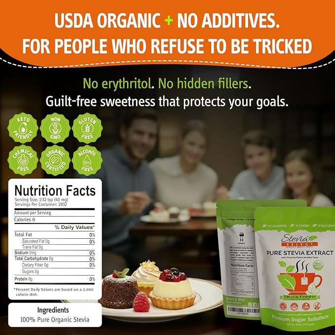 Stevia Select Organic Stevia Powder - Sugar Free Plant Based Stevia Sweetener Non GMO Pure Stevia Extract - Sugar Substitute No Additives Zero Calorie 4 Oz