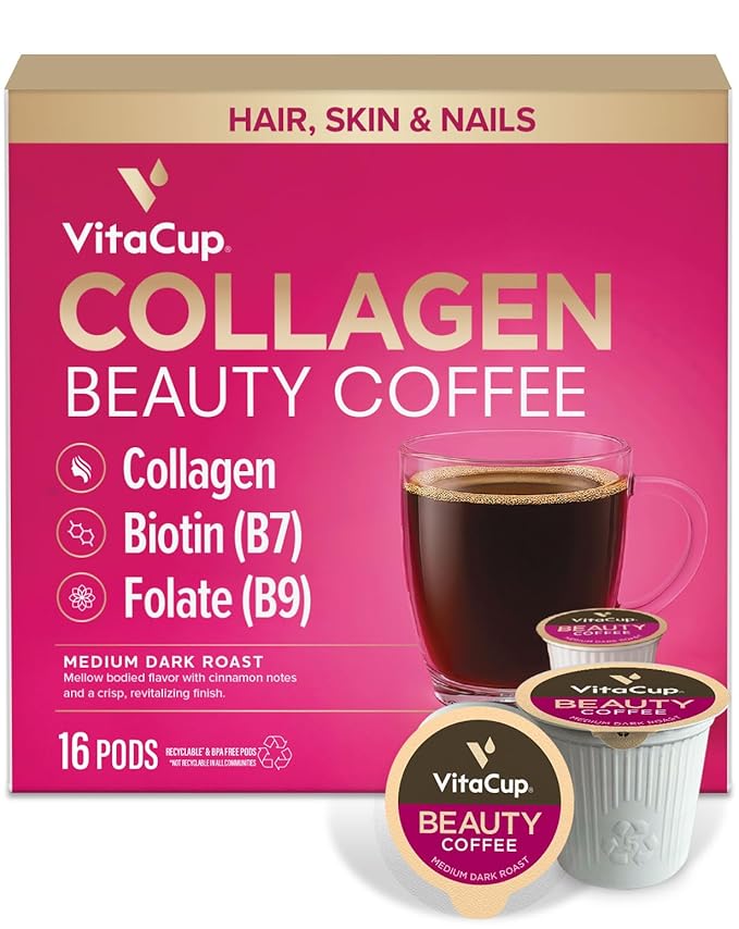 VitaCup Beauty Collagen Coffee Pods for Hair, Skin & Nails, with Biotin & Folate, Medium Dark Roast, Keto Friendly, Recyclable Single Serve Pod Compatible with Keurig K-Cup Brewers,16 Ct
