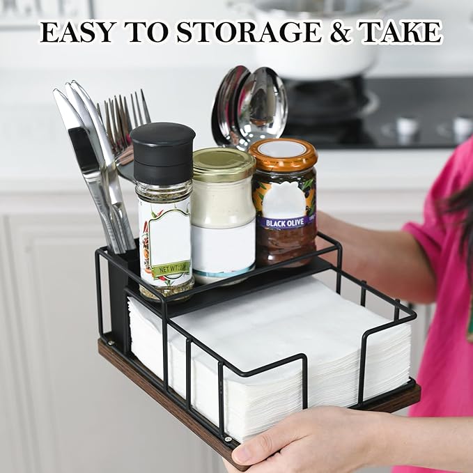 Napkin Holder for Paper Napkins,Flat Napkin And Utensils Holder For Kitchen Dining Table Wood Black Napkin Holders Cutlery Storage Box