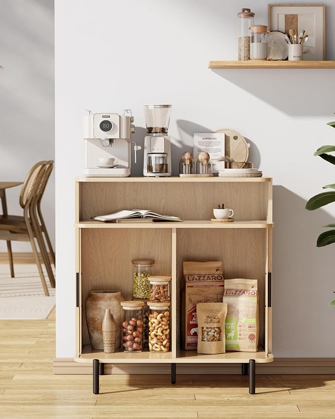 SUNCOZE Fluted Storage Cabinet with Sliding Tambour Doors, Sideboard Buffet Cabinet with Storage, Modern Accent Coffee Bar for Kitchen, Entryway, Living & Dining Room (Wood)