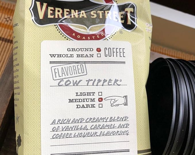 Verena Street 12 Ounce Flavored Ground Coffee, Cow Tipper, Medium Roast, Rainforest Alliance Certified Arabica Coffee