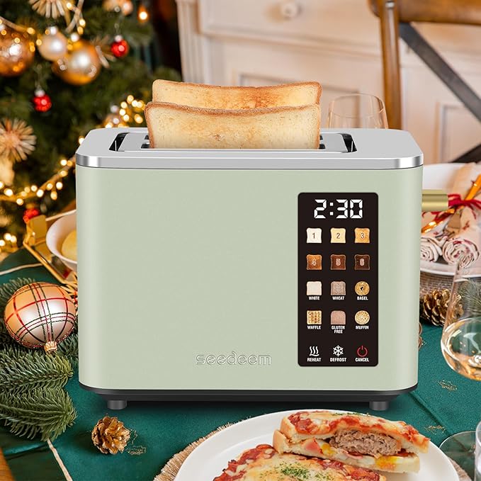 SEEDEEM Toaster 2 Slice, Touch Control Screen, Smart Stainless Toaster, 6 Shade Setting, 6 Bread Selection, Countdown, Removable Crumb Tray, 900W, Mint Green