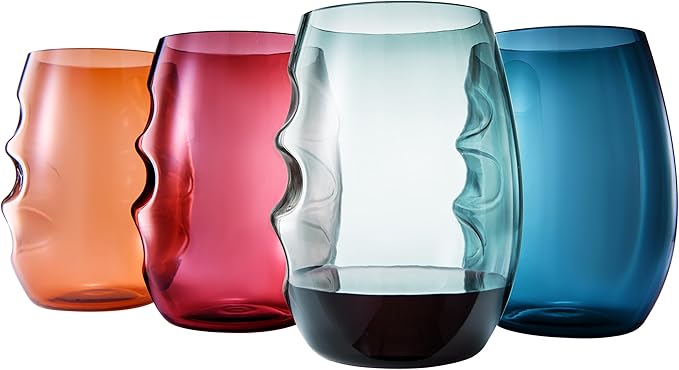Unbreakable European Plastic Crystal, Stemless Wine Glasses | Set of 4, 13.5 OZ | Acrylic Tritan Set with 3-Finger Indentations - Muted Colored Tumbler Set, BPA Free, Reusable, Naturally Aerates Wine