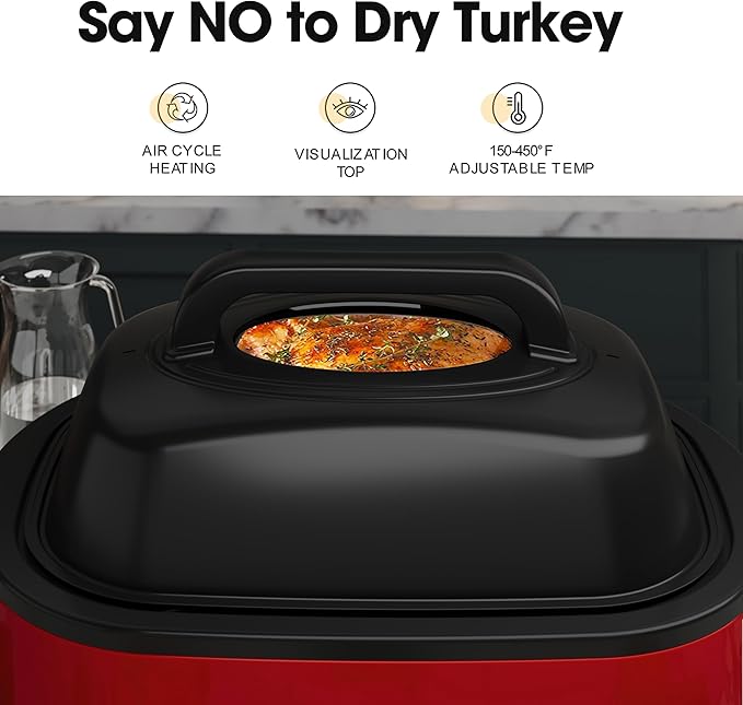 HEYNEMO 22Qt Turkey Roaster Oven Buffet with Self-Basting Lid, 1450W Electric Countertop Oven, Cool-Touch Handles, Stainless Steel, Removable Pan and Rack, Red