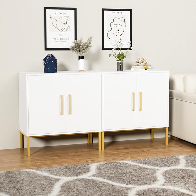 CARPETNAL Set of 2 Accent Storage Cabinet with Doors and Adjustable Shelf, Freestanding Buffet Cabinet, Modern Sideboard Buffet Cabinet for Living Room, Dining Room, Kitchen, Hallway (White)