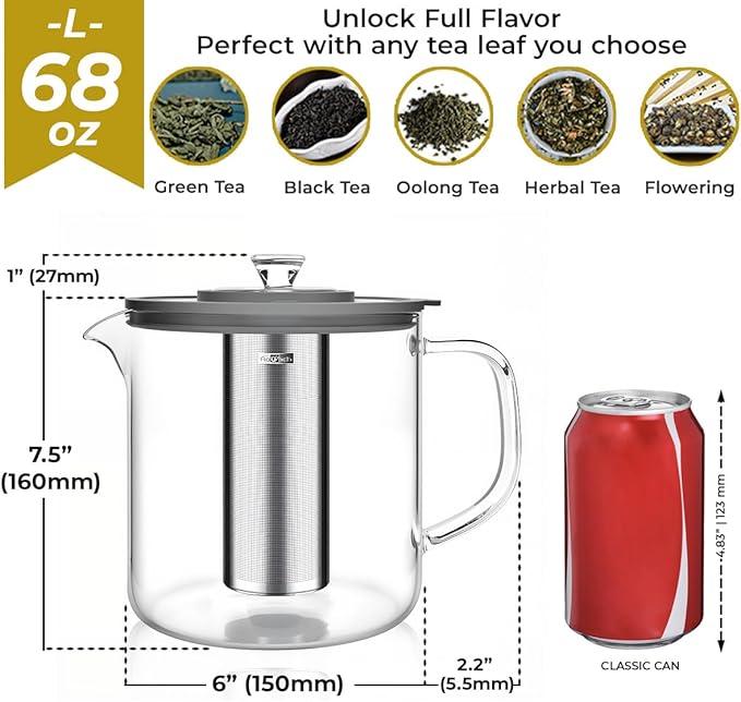 Aquach 68oz Glass Teapot with Infuser - Stovetop & Dishwasher Safe, Plastic-Free Borosilicate Glass Tea Kettle for Loose Leaf & Iced Tea