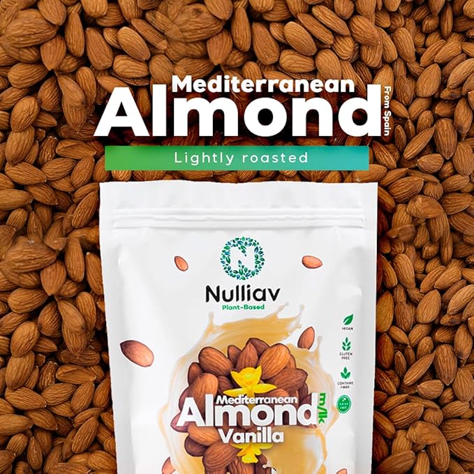 NULLIAV | Almond Milk Powder Vanilla - High Protein Blend with Prebiotic Fiber powder For Gut Health and Digestion - Vegan Plant Based Dairy Free Formula For Lactose Intolerance - 7.75oz Bag Portable Convenient