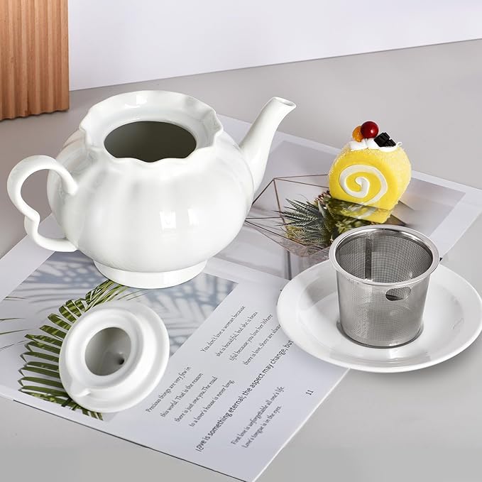 Tea Pot with Infuser for Loose Leaf Tea, 33oz, Ceramic Teapot with Tea Strainer, Large Teapots for Tea Party, New Bone Porcelain Teapot