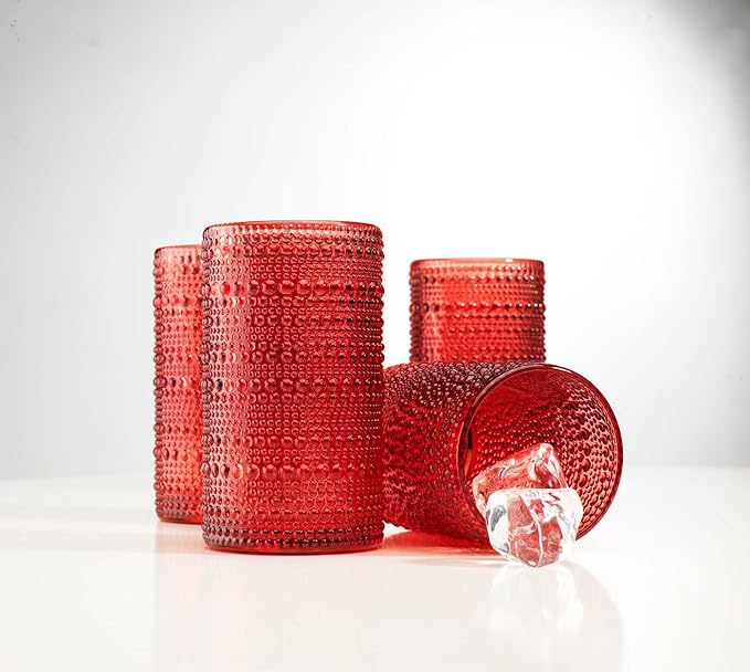 Glaver's Drinking Glasses Set of 4 Red Vintage Glassware. Christmas 15 Oz. Everyday and Holiday Dinner Beaded Drinking Glasses for Water, Juice, Cocktail.