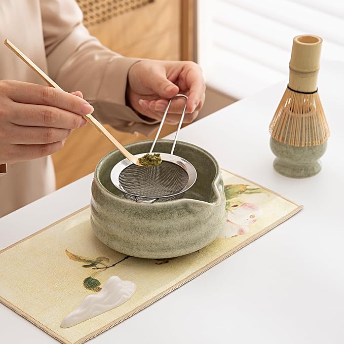 Matcha Set, Matcha Bowl with Spout, Matcha Whisk and Holder, Bamboo matcha Scoop and Stainless Sifter - 7 Pcs Jade Green Matcha Set Kit for Matcha Lover