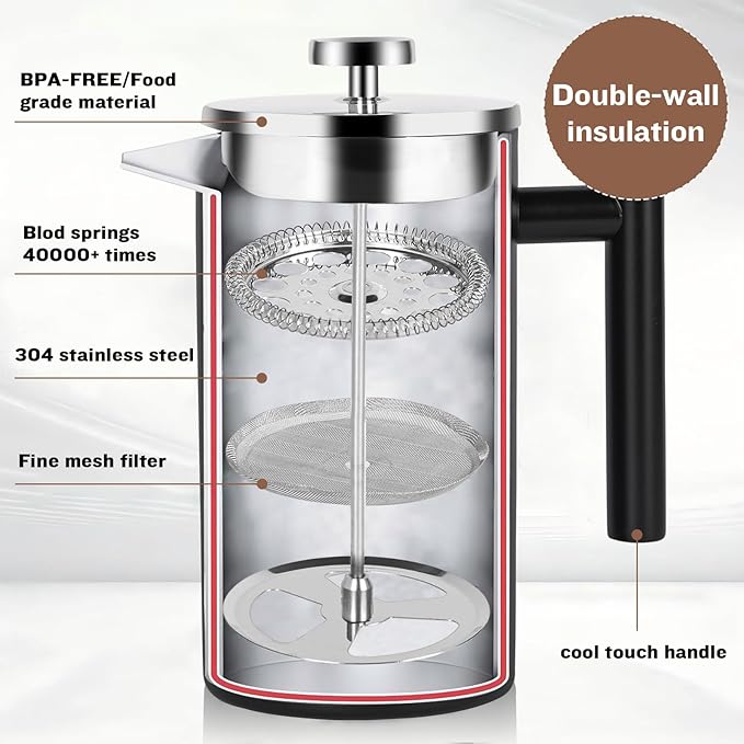 YOLIFE 34 OZ Large French Press, Premium Stainless Steel Sturdy Insulated French Press Coffee Maker, 4-8 Cups French Coffee Press, Tea Presses for Home Kitchen Caming Loose Tea, Elegant Black
