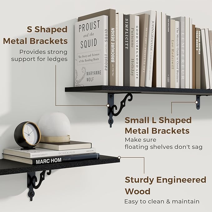 RICHFOCUS Floating Shelves for Wall Decor, 55.1W x 8D Shelves Set of 2, 8 Inch Deep Rustic Wood Shelves Wall Mounted with Brackets, Long Floating Shelves for Living Room Bedroom Kitchen, Black