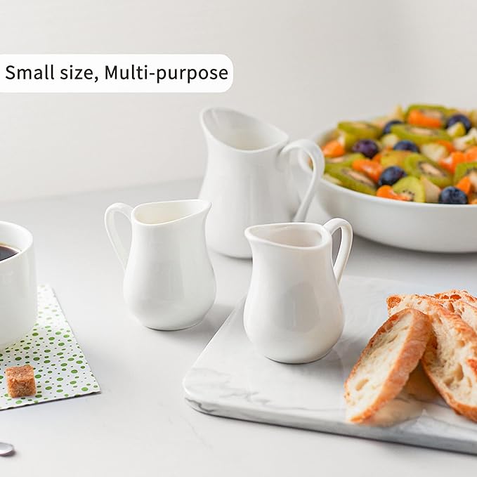 Gurygo 2 Pack 4 Oz Classic White Ceramic Small Creamer Pitcher with Handle- Fine Porcelain Small Milk Pitcher - Ceramic Creamer Container for Coffee Milk Sauces Salad, Microwave & Freezer Safe