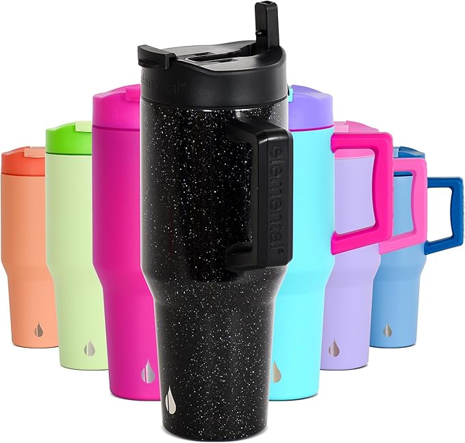Elemental 32 oz 100% Leak Proof Tumbler with Handle & Straw - Stainless Steel Double Wall Insulated Tumbler for Hot and Cold Beverages - Travel Coffee Mug with Sip & Straw Lid - Black Speckle
