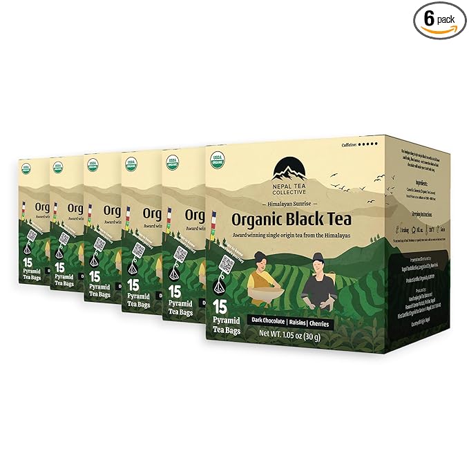 NEPAL TEA Organic Black Tea Bags from the Himalayas - 15 Pyramid Tea Bags, Single Origin from a Family Farm - Black Tea Bags with Loose Leaf Tea Inside (Himalayan Sunrise), 6 Pack