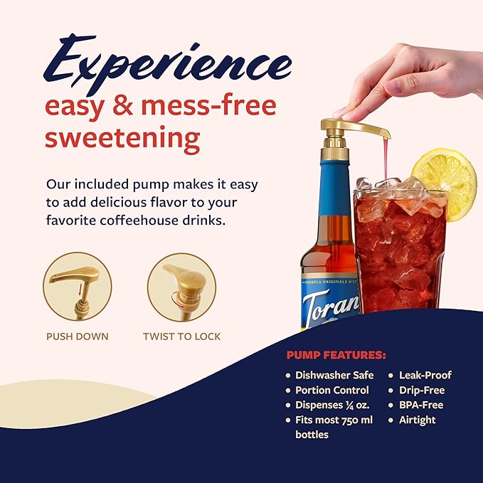 Torani Sugar Free Peach Syrup for Drinks, Zero-Calorie Flavoring for Iced Tea, Lemonade, and Sodas, Pump Included, 25.4 Oz