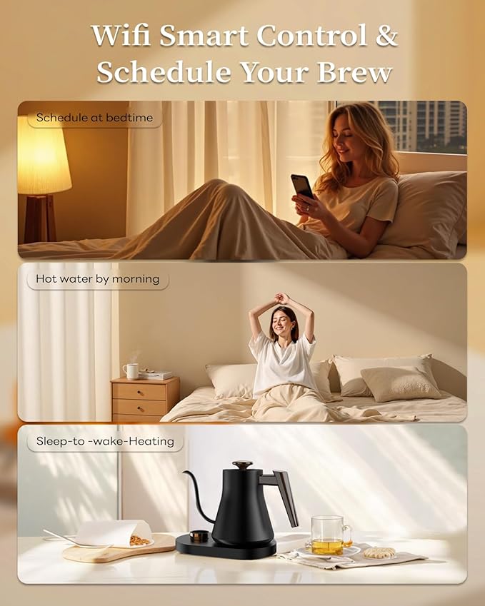 Smart Electric Gooseneck Kettle with WiFi Control, Pour-Over Coffee & Tea Kettle, ±1°F Precise Temp, 100% Stainless Steel Quick Boil Hot Water Heater Keep Warm, Pro Brewing Teapot 0.8L, 1000W