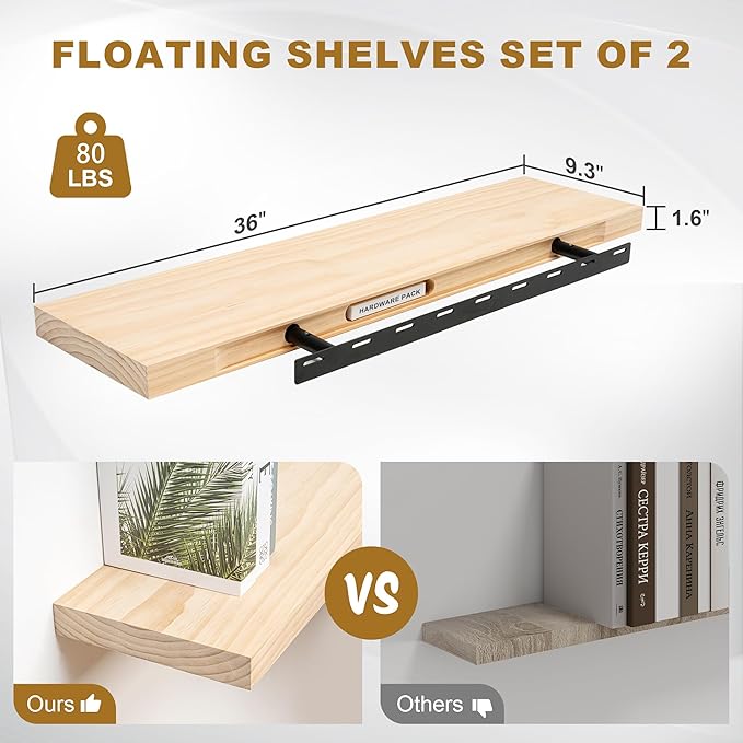 Fun Memories Floating Shelves, 9.3'' Deep Solid Pine Wood Wall Shelves for Storage, Wall Mounted Display Shelf with Invisible Heavy-Duty Metal Bracket, 36'' Width Set of 2, Unfinished - DIY Stain
