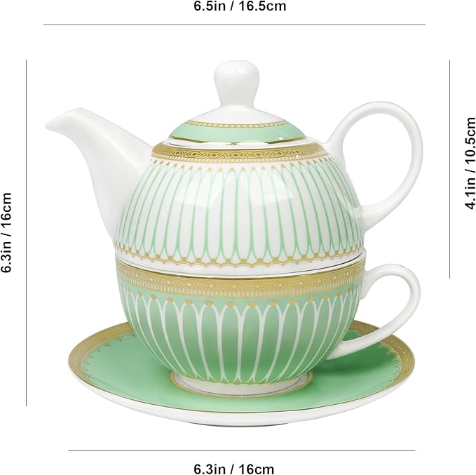 fanquare Tea for One with Gold Trim, Green Teapot Set for Adults, Ceramic Coffee Cup with Saucer, Classic Stripes