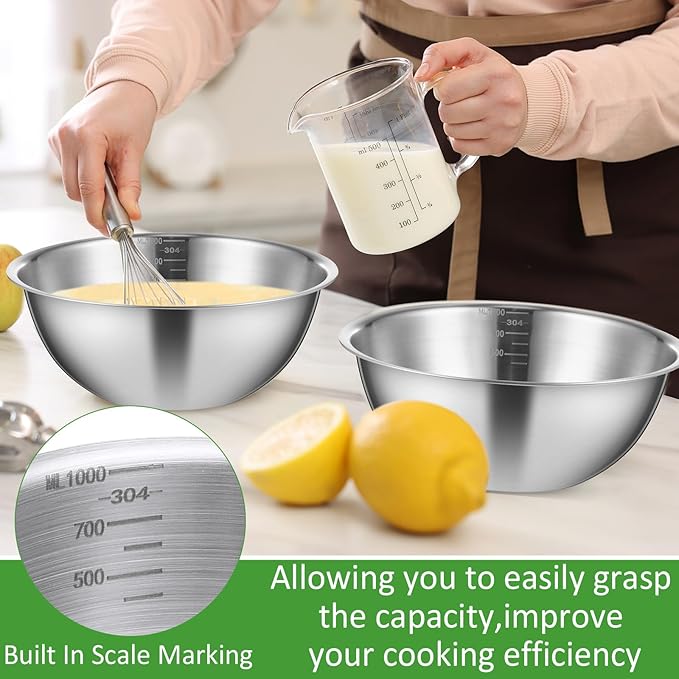 Honeydak 6 Pcs 304 Stainless Steel Mixing Bowls with Graduations, Salad Bowls Metal Serving Reusable Baking Food Storage Containers for Baking Cooking Salads Soups Ice Cream Noodles (84 oz)