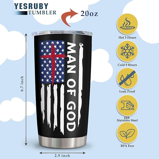 Christian Gifts for Men, Religious Gifts for Men, Catholic Inspirational Spiritual Gift Coffee Tumbler Cup Mug Stainless Steel 20oz 1PC, Man of God