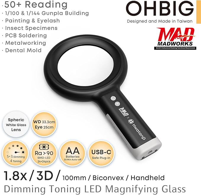 HWATANG OHBIG x MADWORKS 1.8x/3D/100mm Dimming Toning LED Magnifying Glass - K9 White Glass, Model Assembly, Soldering, Ra 94 Ring Light, 50+ Seniors Reading Magnifier (Handheld)