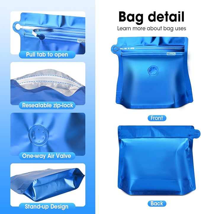 5oz 1/3 lb 60pcs Coffee Bags with Valve,Vented Coffee Bag Barrier Bags Store Bag Coffee Packaging Storage Pouches Stand-up Bags for Food Diamond Shaped Need to Use Heat Sealing Machine（Blue）