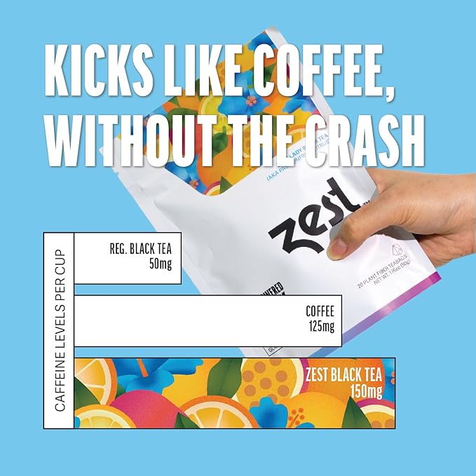 Zest Energy Tea Bags – Blue Lady Passion Fruit Black Tea – High Caffeine Tea for Morning Energy, Focus & Clarity – Natural Caffeinated Tea with 150mg Caffeine – 20Ct Pack – Non-GMO & Keto Friendly