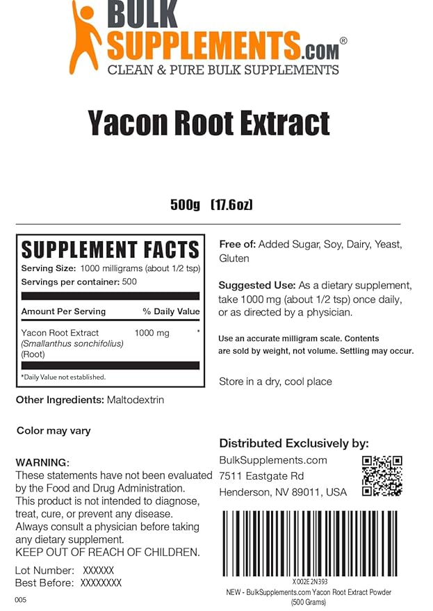 BulkSupplements.com Yacon Root Extract Powder - Sugar Substitute, Natural Fiber Sweetener - Gluten Free, 1g per Serving, 500g (1.1 lbs) (Pack of 1)