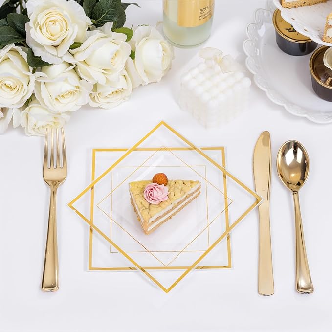 bUCLA 100PCS Clear Gold Plastic Square Plates - 6 Inch Clear Disposable Dessert/Cake Plates with Gold Trim - Ideal for Weddings,Birthday&Party
