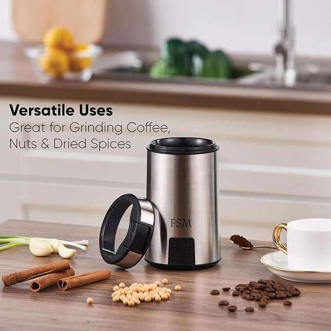 FSM Electric Coffee Grinder and Spice Mill with Safety Lock System – Rustproof Stainless Steel with Transparent Lid and Gripping Base – Grind Whole Beans, Seeds, Nuts, Herbs and Flaxseed -1.76 Oz.