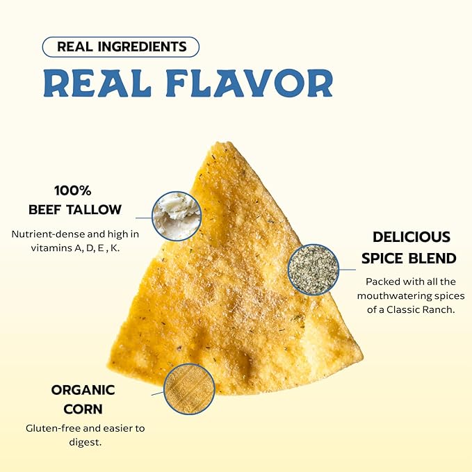 Vaca Chips – Beef Tallow Tortilla Chips, Classic Ranch Flavor – 3 Pack of 5 oz Bags – Seed Oil Free Snack Made with Organic Corn & Clean Ingredients – Gluten Free, No Preservatives, Cooked in Beef Tallow
